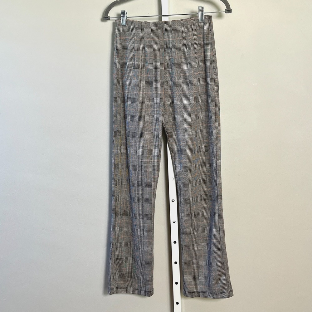 Free People Straight Leg Pull-On Pants Gray Glen Plaid Sz 4 Academia Career Work